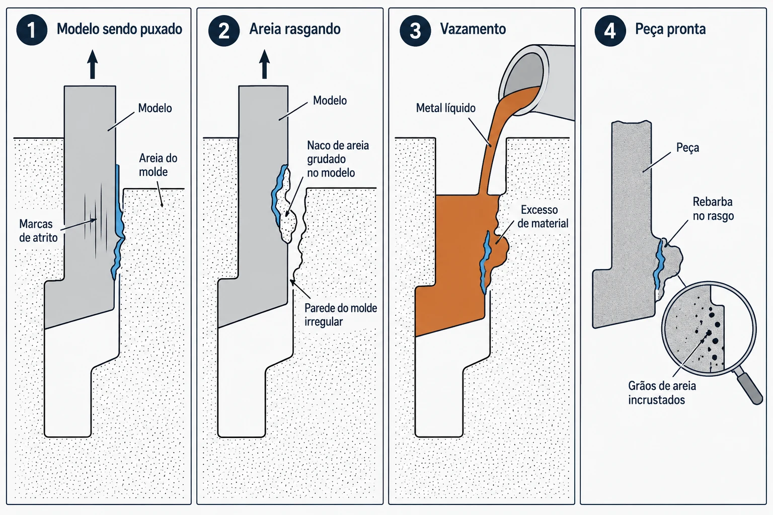 Sequência em quatro quadros do defeito por falta de ângulo de saída, do modelo raspando a areia até a inclusão de areia na peça fundida.