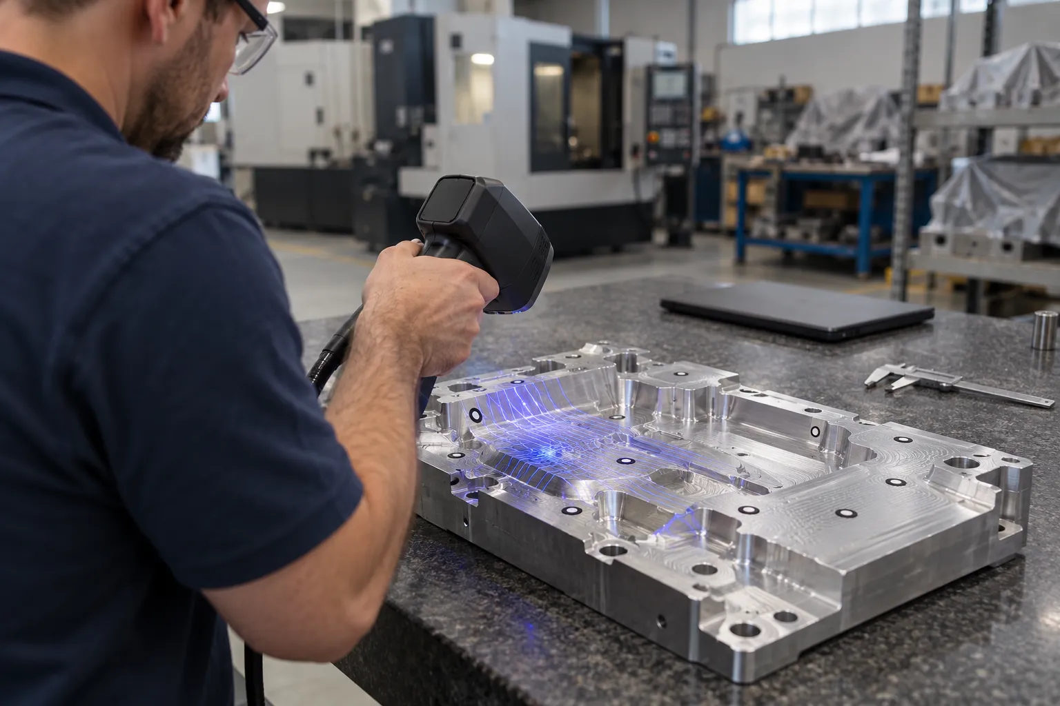Técnico escaneando em 3D uma placa-modelo de alumínio usinada, com feixe de luz azul sobre a superfície, numa sala de inspeção de ferramental.