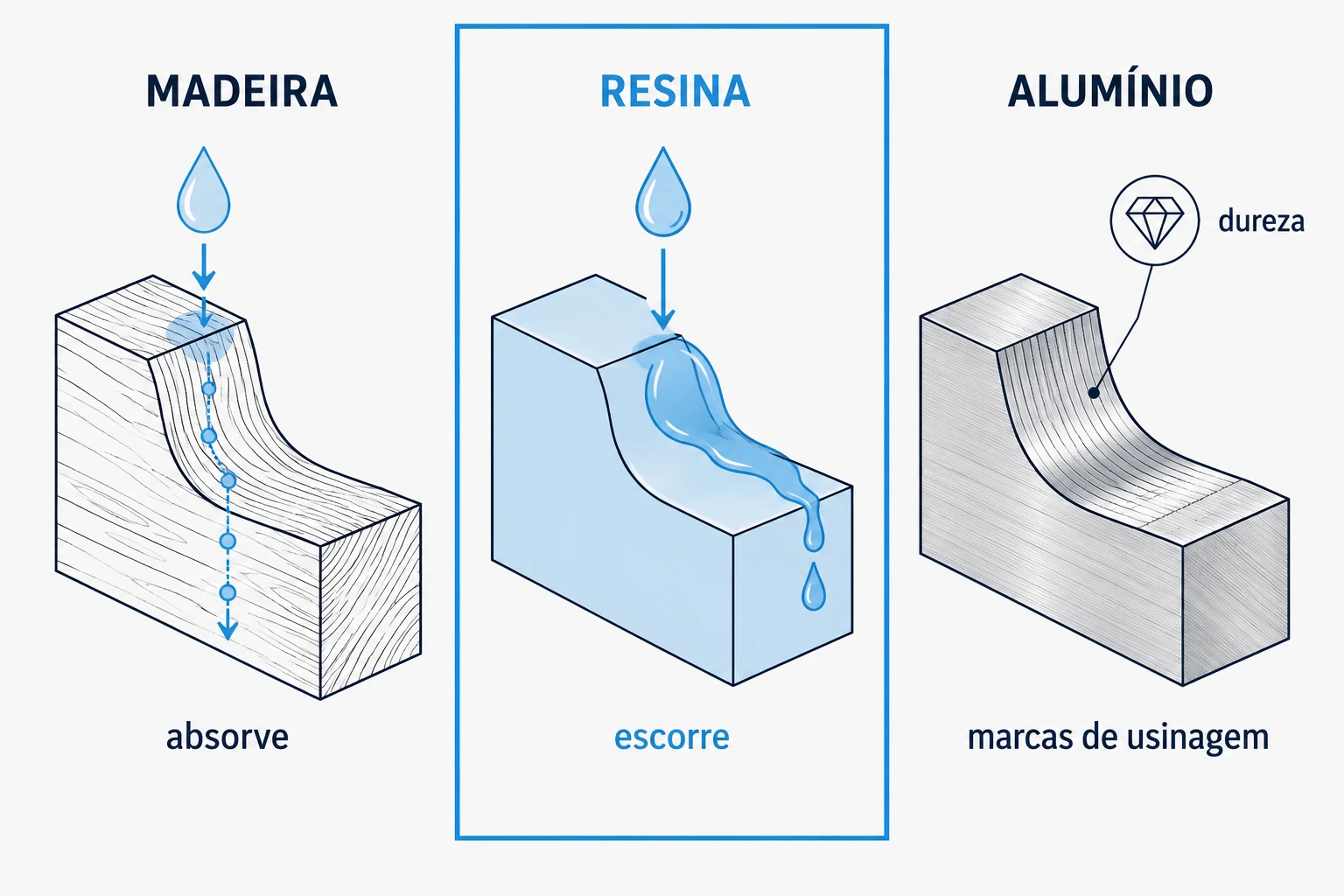 Três vértices de material de modelo, madeira, resina e alumínio, com a resina destacada como a faixa intermediária esquecida.