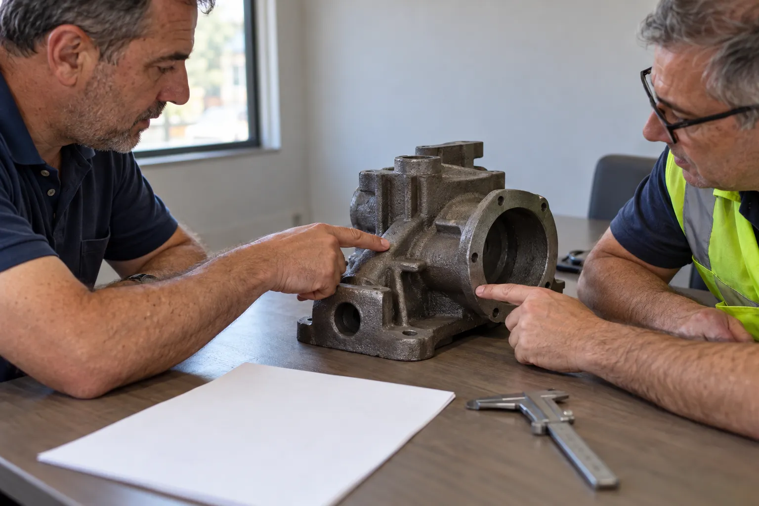 Dois técnicos analisam uma peça fundida bruta sobre a mesa, com o desenho virado de costas, para definir quais superfícies serão usinadas.